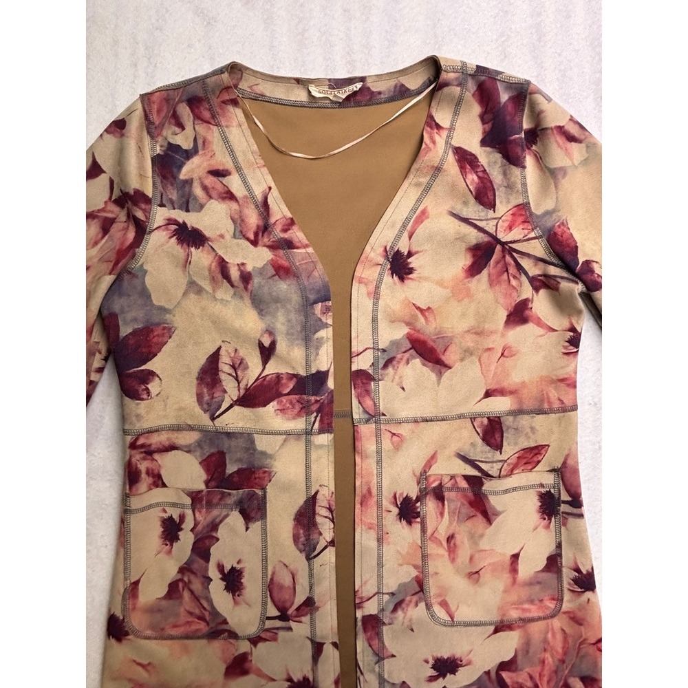 Solitaire Womens Floral Faux Suede Open Front Duster Cardigan Tan Mauve Medium‎ - Picture 3 of 13